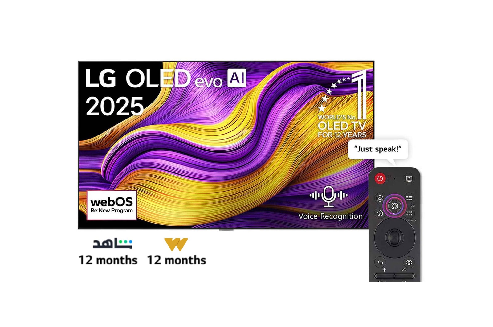 Front view of LG OLED evo AI G5 4K Smart TV. 12 Years of world number 1 OLED emblem and LG OLED evo AI 2025 logo are on the screen.