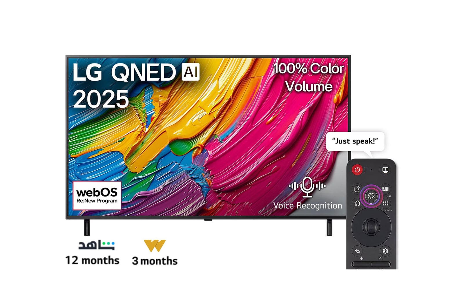 Front view of LG QNED80 TV, LG QNED Al Logo on the top corner. LG QNED TV depicts colorful paintike textures coming together.