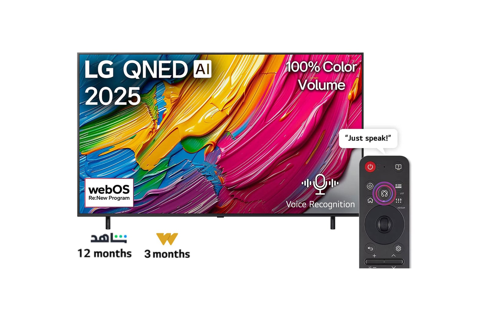 Front view of LG QNED80 TV, LG QNED Al Logo on the top corner. LG QNED TV depicts colorful paintike textures coming together.