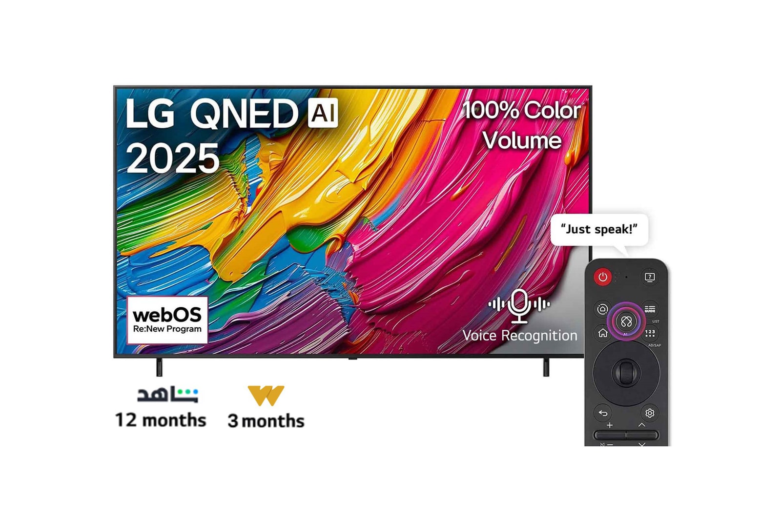 Front view of LG QNED80 TV, LG QNED Al Logo on the top corner. LG QNED TV depicts colorful paintike textures coming together.