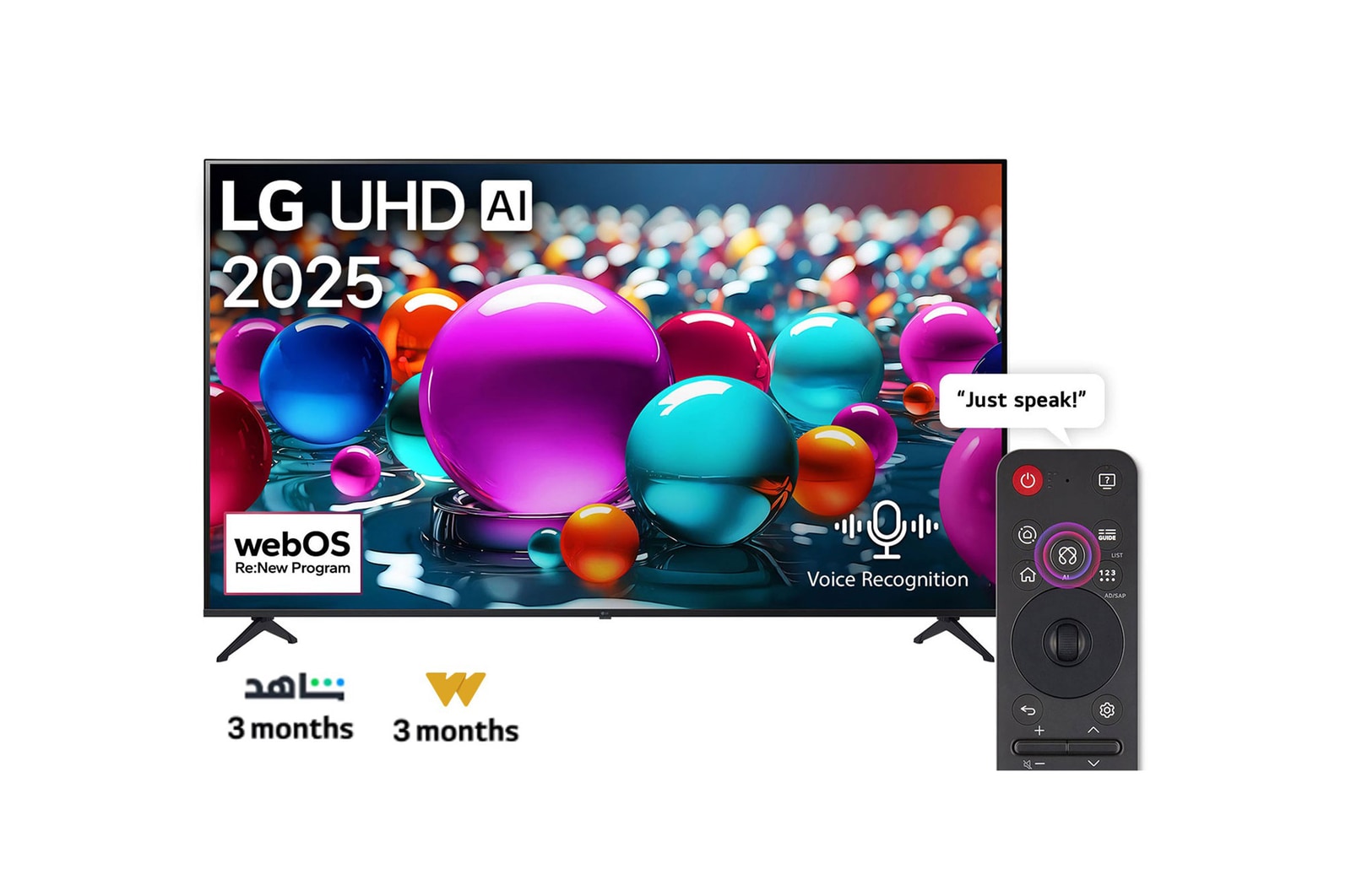Front view of UHD UA75 TV, LG UHD Al Logo on the top corner. LG UHD TV depicts colorful paintike textures coming together.