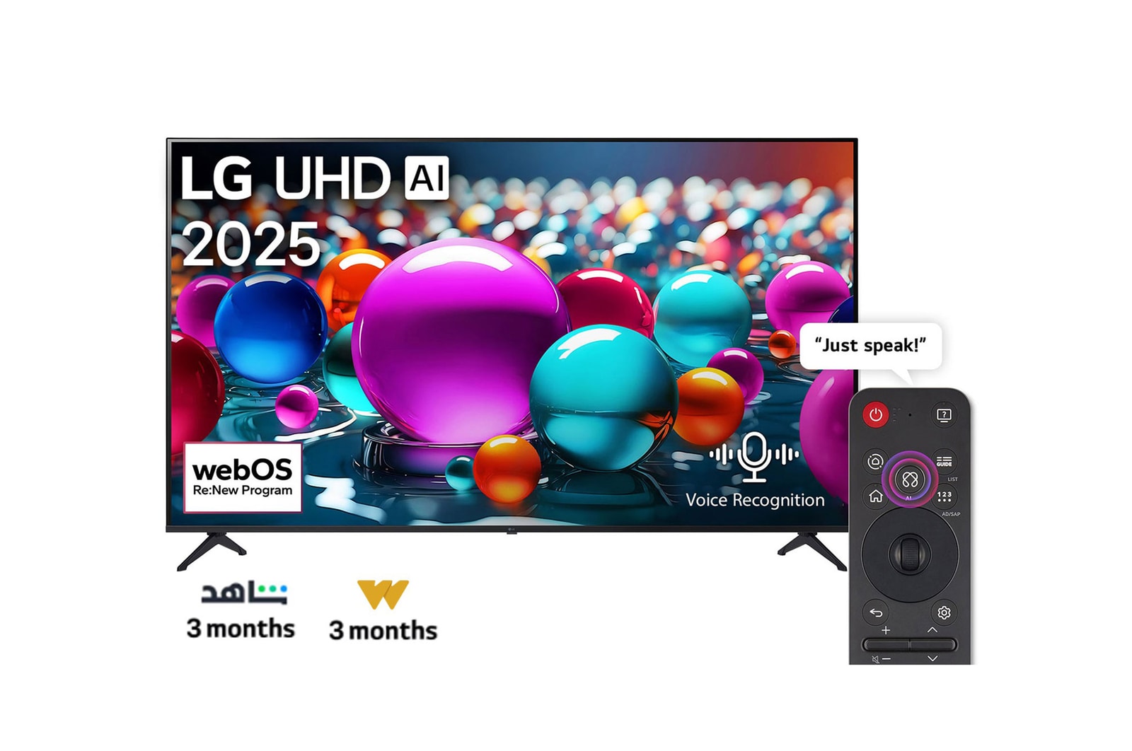 Front view of UHD UA75 TV, LG UHD Al Logo on the top corner. LG UHD TV depicts colorful paintike textures coming together.