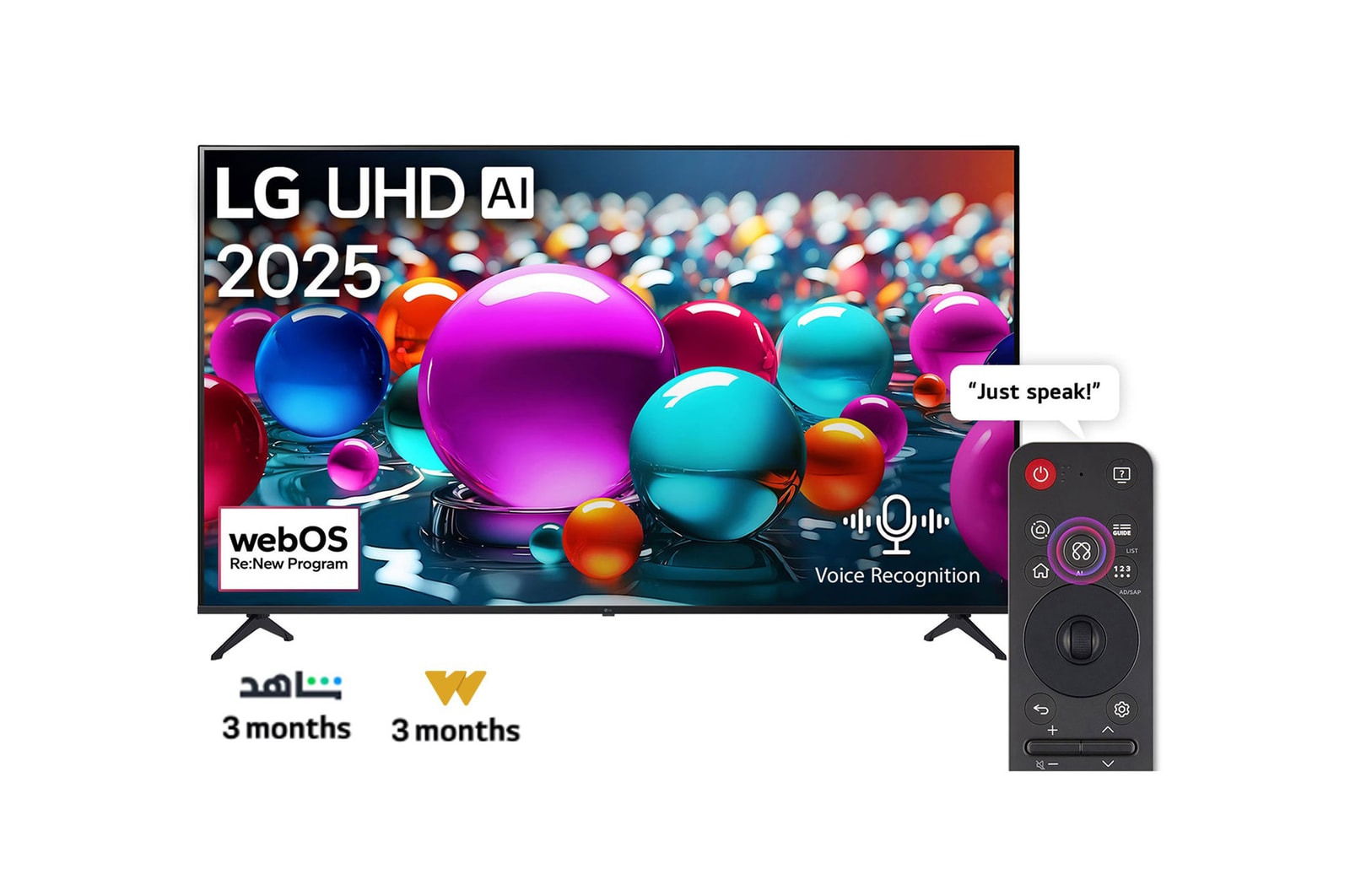 Front view of UHD UA75 TV, LG UHD Al Logo on the top corner. LG UHD TV depicts colorful paintike textures coming together.