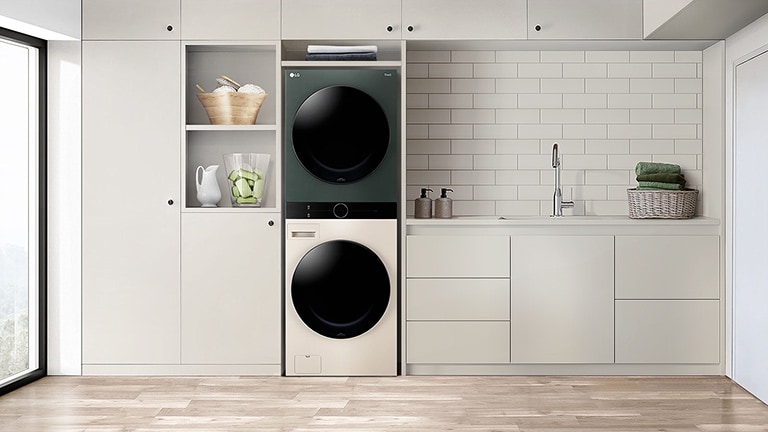In the video, there are scenes in which stackable washing machines and dryers are emptied & replaced with LG Objet WashTower.