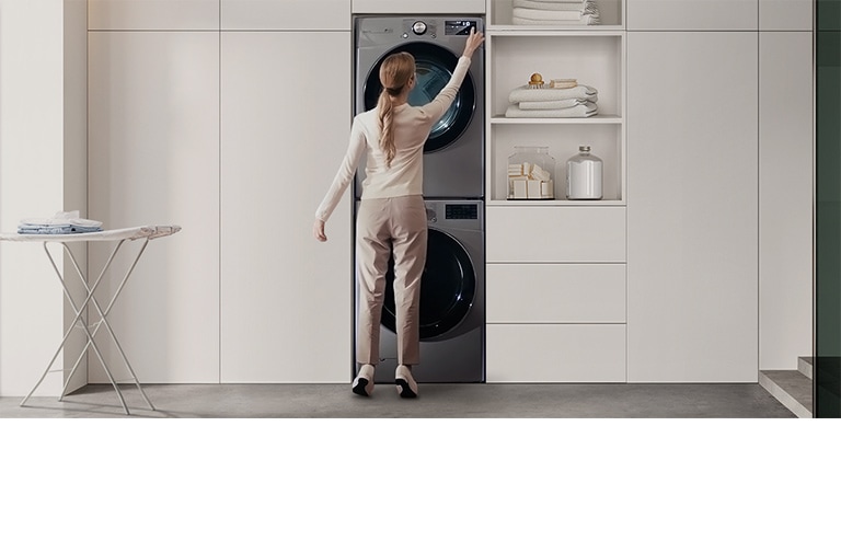 The video contains several comparison scenes. Stackable washer and dryer, each with a control panel.