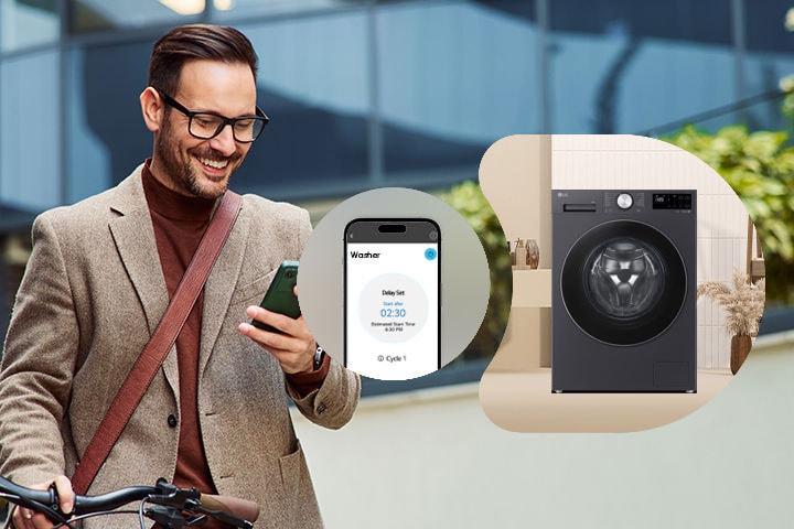 A man remotely controlling the LG washer through a thinq app