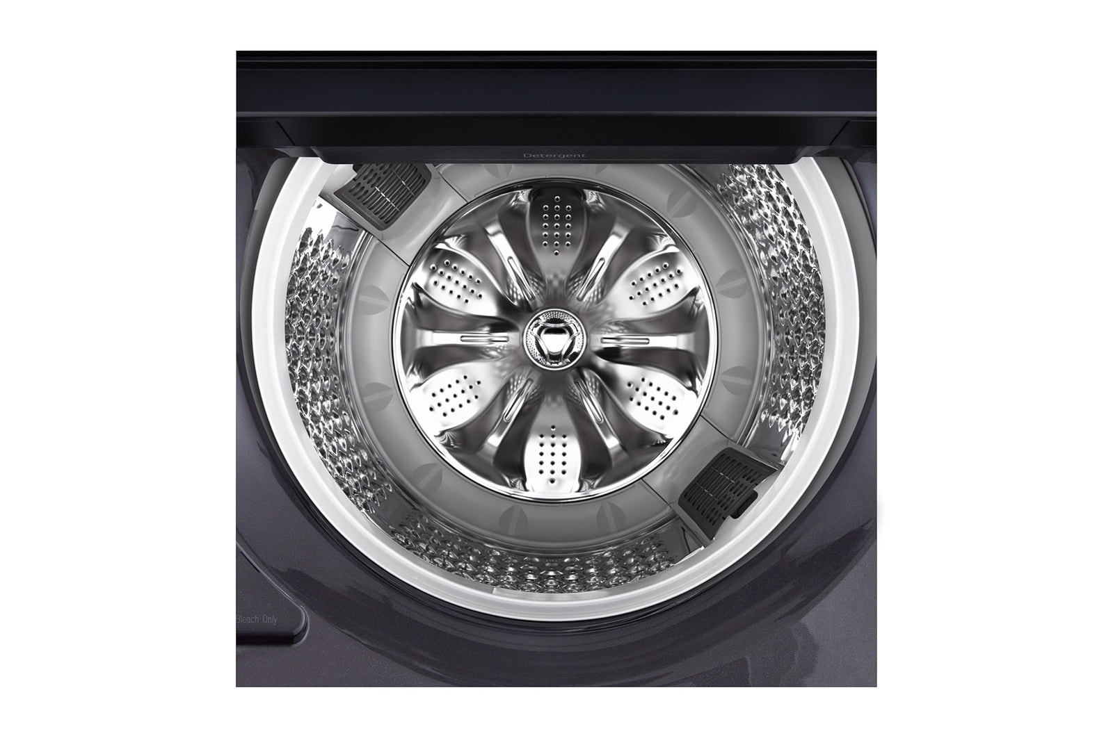 Top loading washing machine with lid in motion, showing soft closing door function.