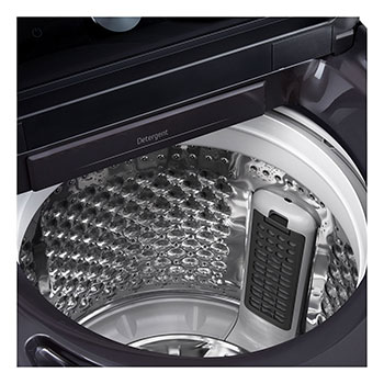Water spray and arrows inside washer drum visualizing fast cleaning action of TurboWash™.