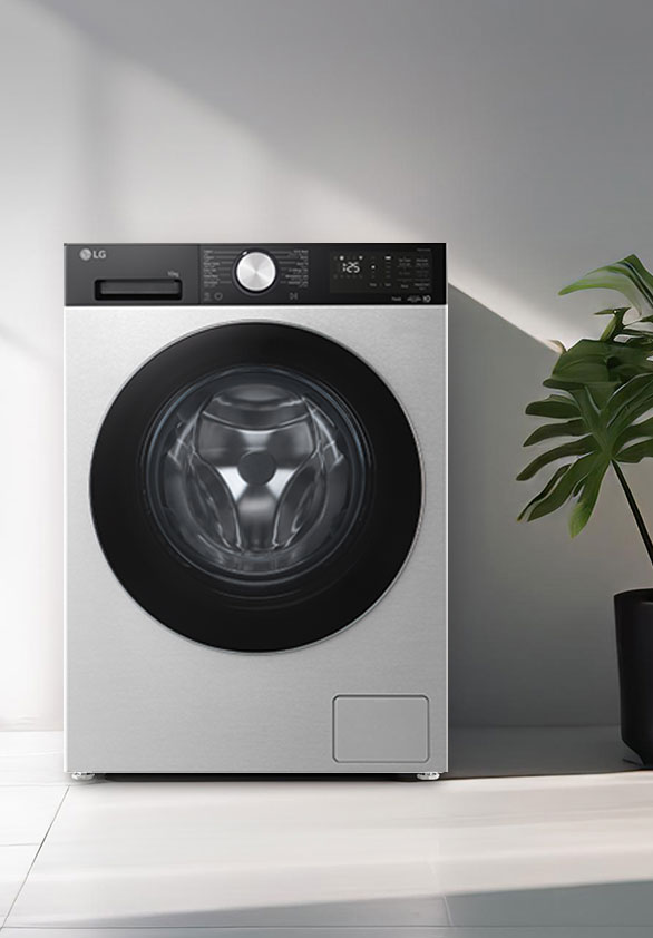 Front-load washing machine placed in a modern laundry space