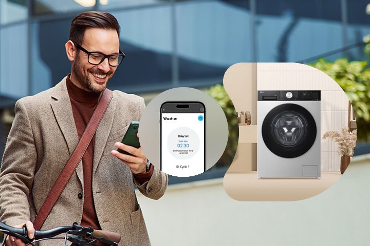 A man remotely controlling the LG washer through a thinq app