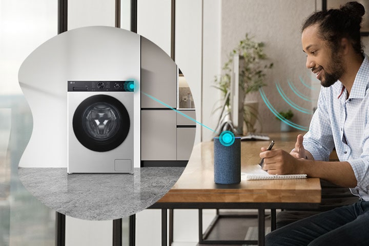 A man controlling the LG washer with voice assistant