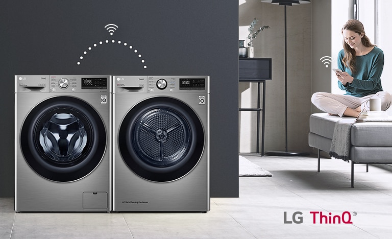 The third icon, labelled “Smart Pairing“, is red. User just sits on the couch and controls dryer by LG ThinQ app.