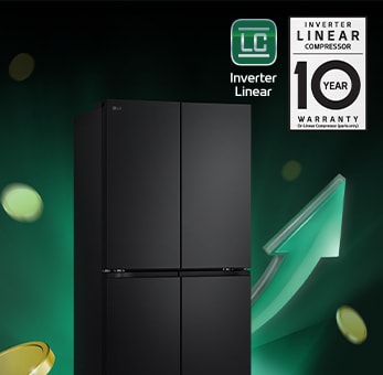 Refrigerator in front of rising arrows and piling coins