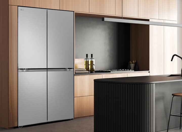 Modern kitchen interior with the fridge.