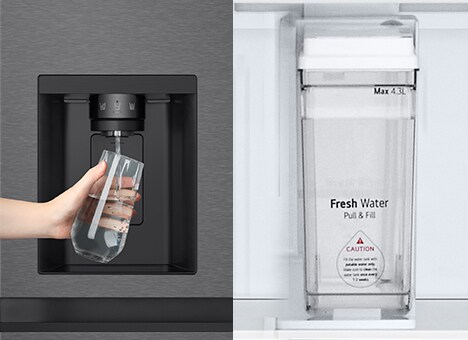 The scene of receiving water tank and water from the dispenser is shown as a two-part cut.	