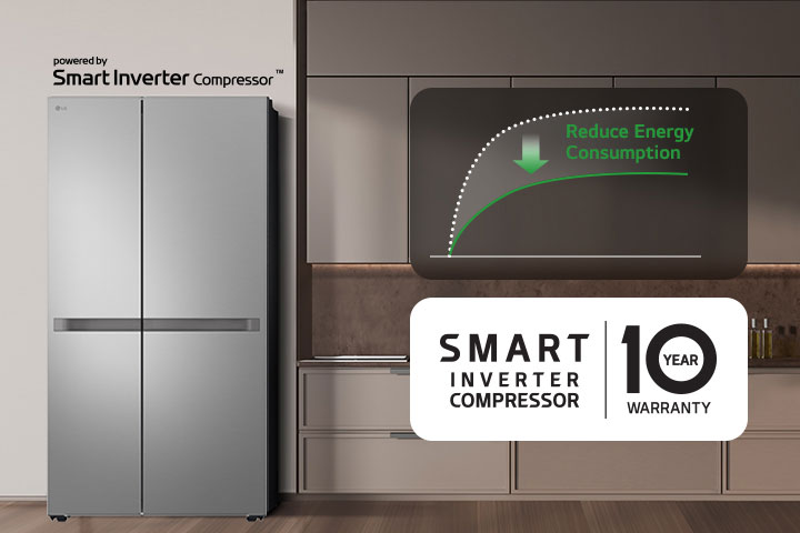 The refrigerator is installed in the kitchen wall and there is a graph showing the reduction of energy consumption using the smart inverter compressor.