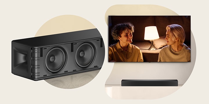 On the left left-end of SH5A soundbar is placed with its outer shell missing to show its interior unit. On the right TV is showing a scene of  a couple is staring at each other in front of a floor lamp. Below the TV there stands a SH5A soundbar.