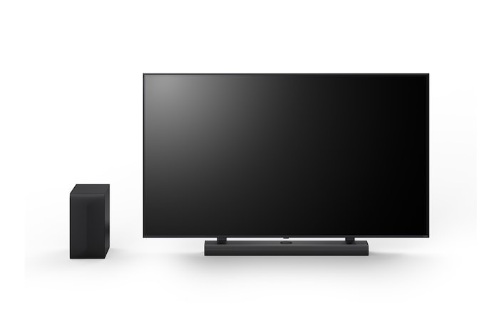 Front view of 75inch LG QNED, LG Soundbar SQ70TY, and subwoofer
