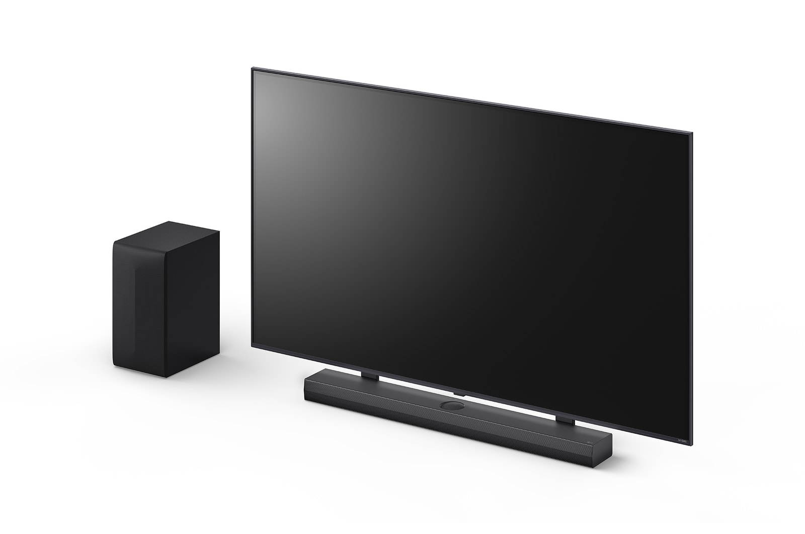 Angled view of 65inch LG QNED, LG Soundbar SQ70TY, and subwoofer