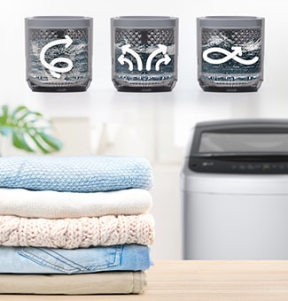 In the background, there is a washing machine, and in front, there is a clean laundry and a washing machine motion icon on it