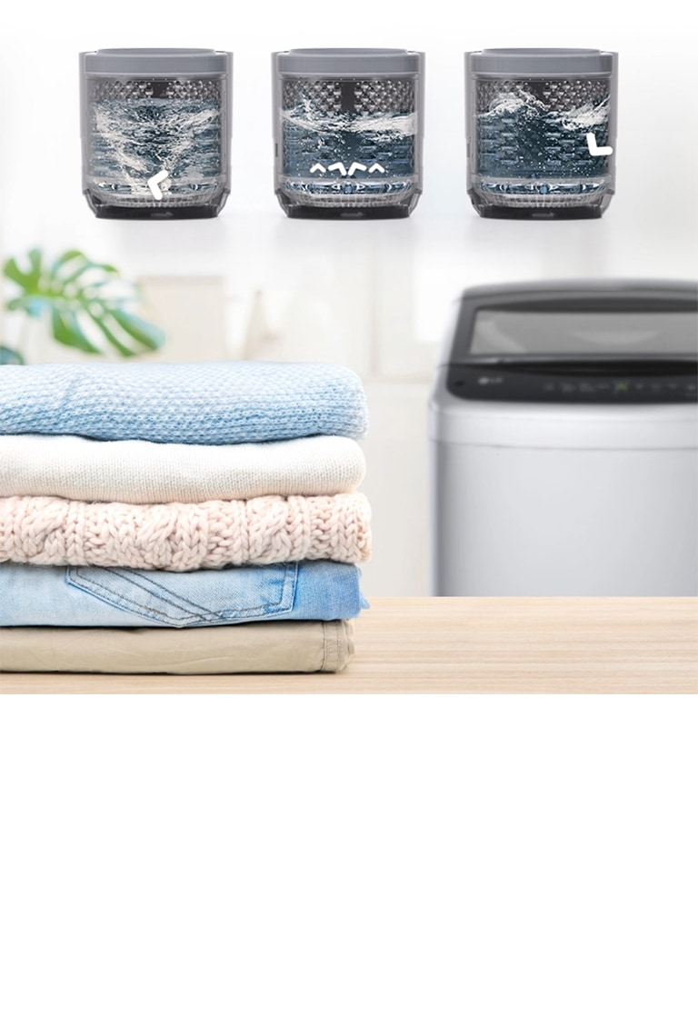 In the background, there is a washing machine, and in front, there is a clean laundry and a washing machine motion icon on it