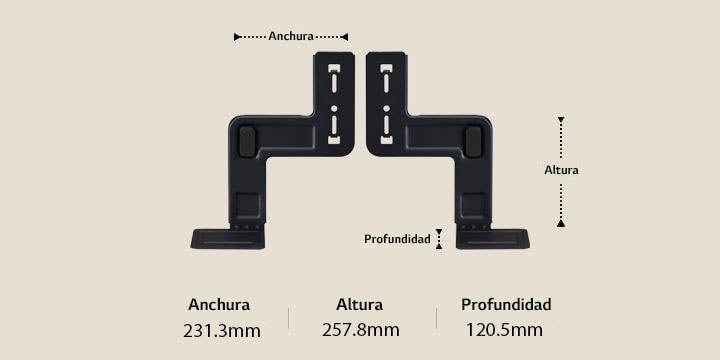 Dos componentes del soporte WOW colocados longitudinalmente sobre un fondo beige. El ancho, el alto y la profundidad están etiquetados y mostrados mediante flechas. En la parte inferior, las siguientes especificaciones: ancho 231.3 mm, alto 257,8 mm, profundidad 120,5 mm.	