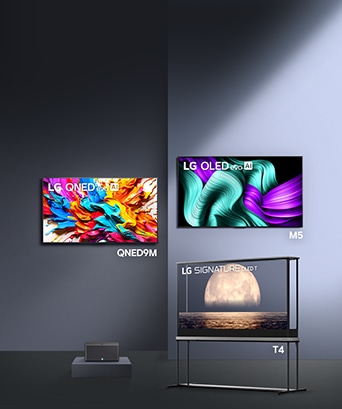 Una serie de LG TV inalámbricos dispuestos en formación.
