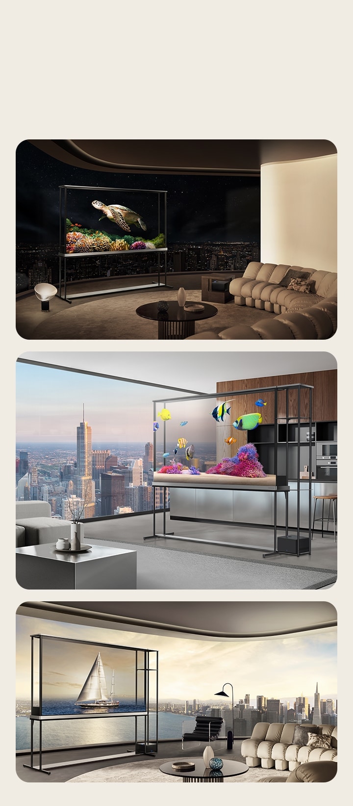 LG Signature OLED T en tres salones diferentes. En cada uno de estos hermosos espacios, el LG Signature OLED T está en modo transparente, los visuales en el televisor parecen flotar en el aire, añadiendo un toque de sofisticación a la habitación. 