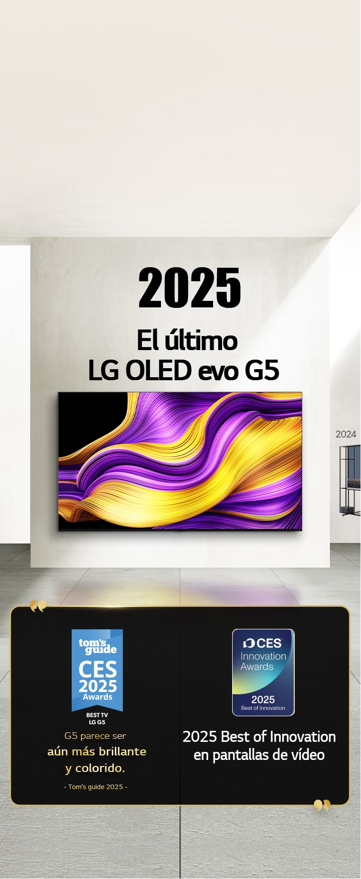 LG TV. El título dice 2025, el último OLED evo G5 de LG. Menciones de premio a su lado. Según Tom’s Guide, G5 parece ser aún más brillante y colorido. 2025 Best of Innovation en pantallas de vídeo de CES Innovation Awards. 
