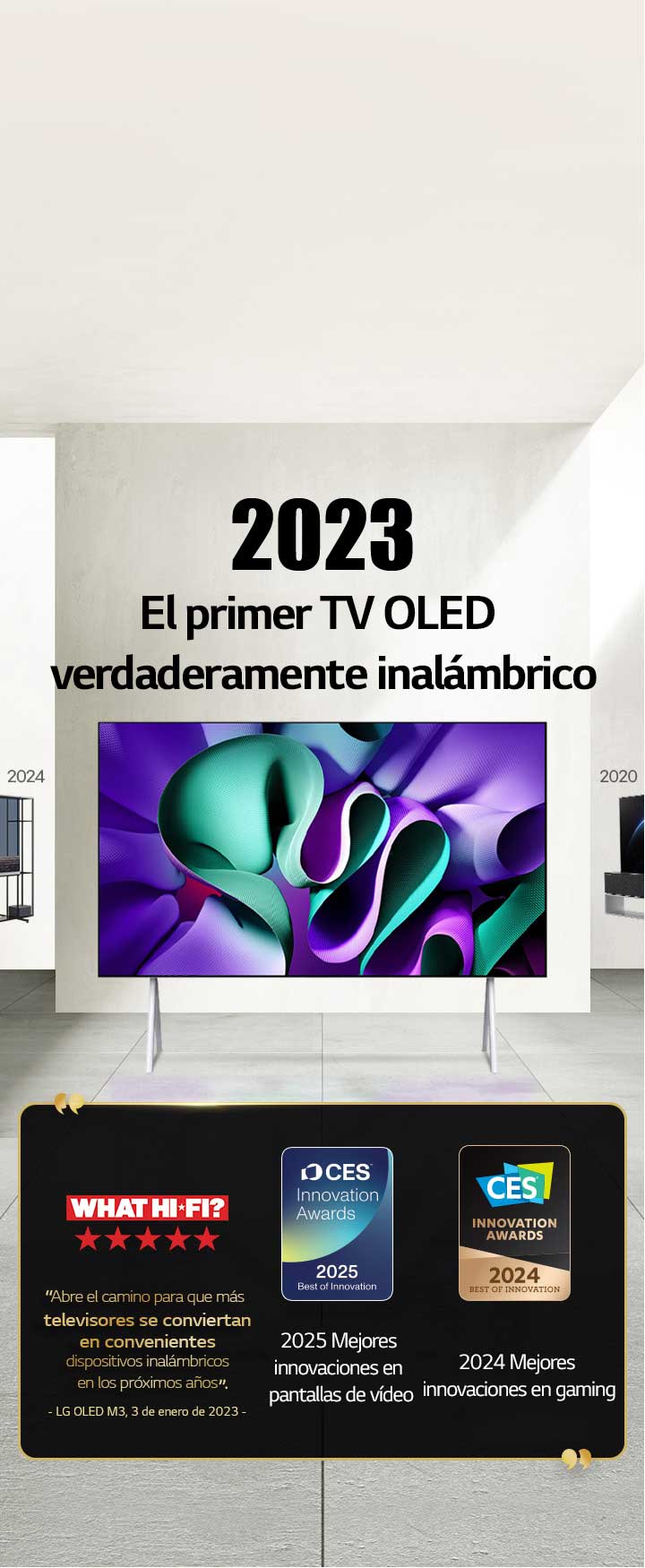 LG TV. El título dice: 2023, Primer OLED TV True Wireless del mundo. Menciones de premio a su lado. Lo que abre el camino para que más televisores se conviertan en convenientes dispositivos inalámbricos en los próximos años. 2025 Best of Innovation en pantallas de vídeo y 2024 Best of Innovation en juegos y deportes electrónicos de CES Innovation Awards. 