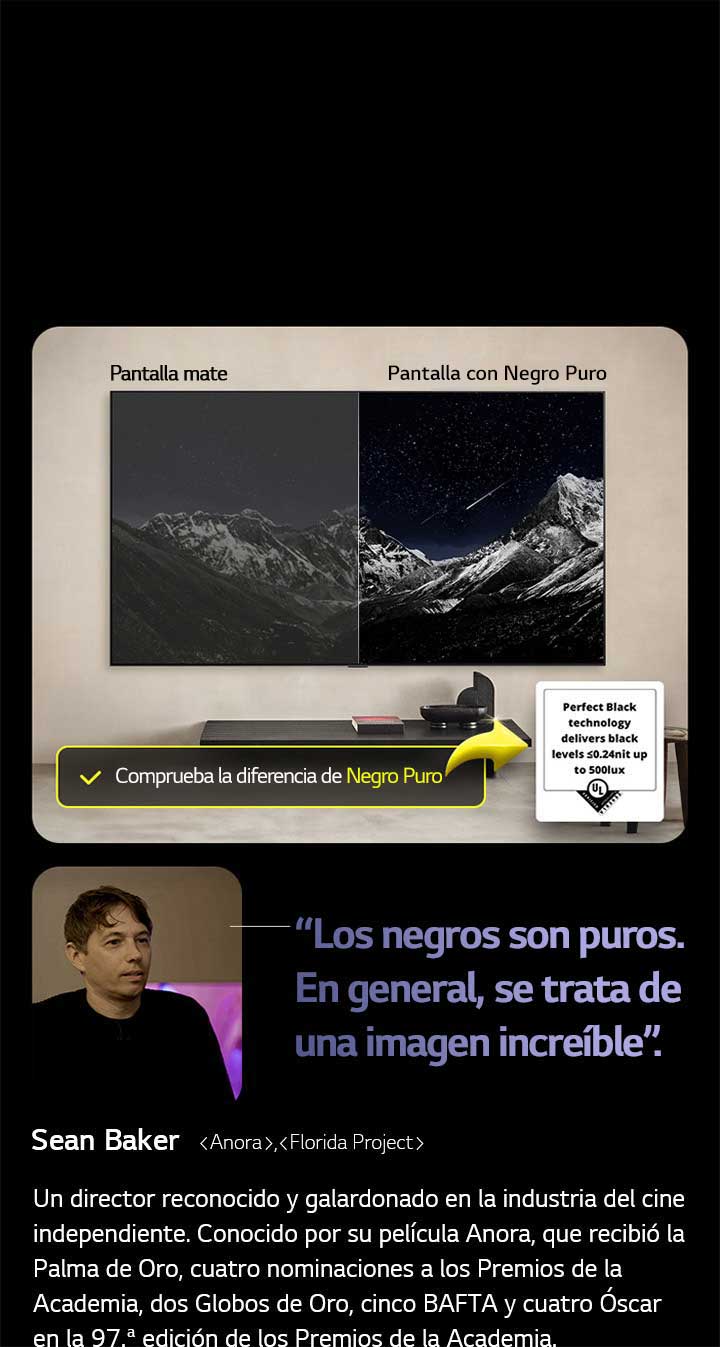 LG OLED TV montado en pared. En la pantalla se ve una cadena montañosa contra un cielo nocturno lleno de estrellas. La pantalla está dividida por la mitad. En un extremo, etiquetado como Non Perfect Black (negro no perfecto), los colores son apagados y grises, las estrellas apenas son visibles. En el otro extremo, la pantalla etiquetada como Perfect Black (Negro perfecto), los negros son profundos y oscuros, las estrellas son brillantes y blancas, lo que da como resultado una imagen muy agradable con un alto contraste.