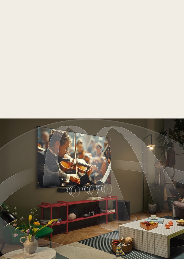 La barra de sonido LG está debajo de un televisor LG OLED. En la pantalla del televisor está la interfaz de usuario de la barra de sonido y los controles de volumen del televisor.  