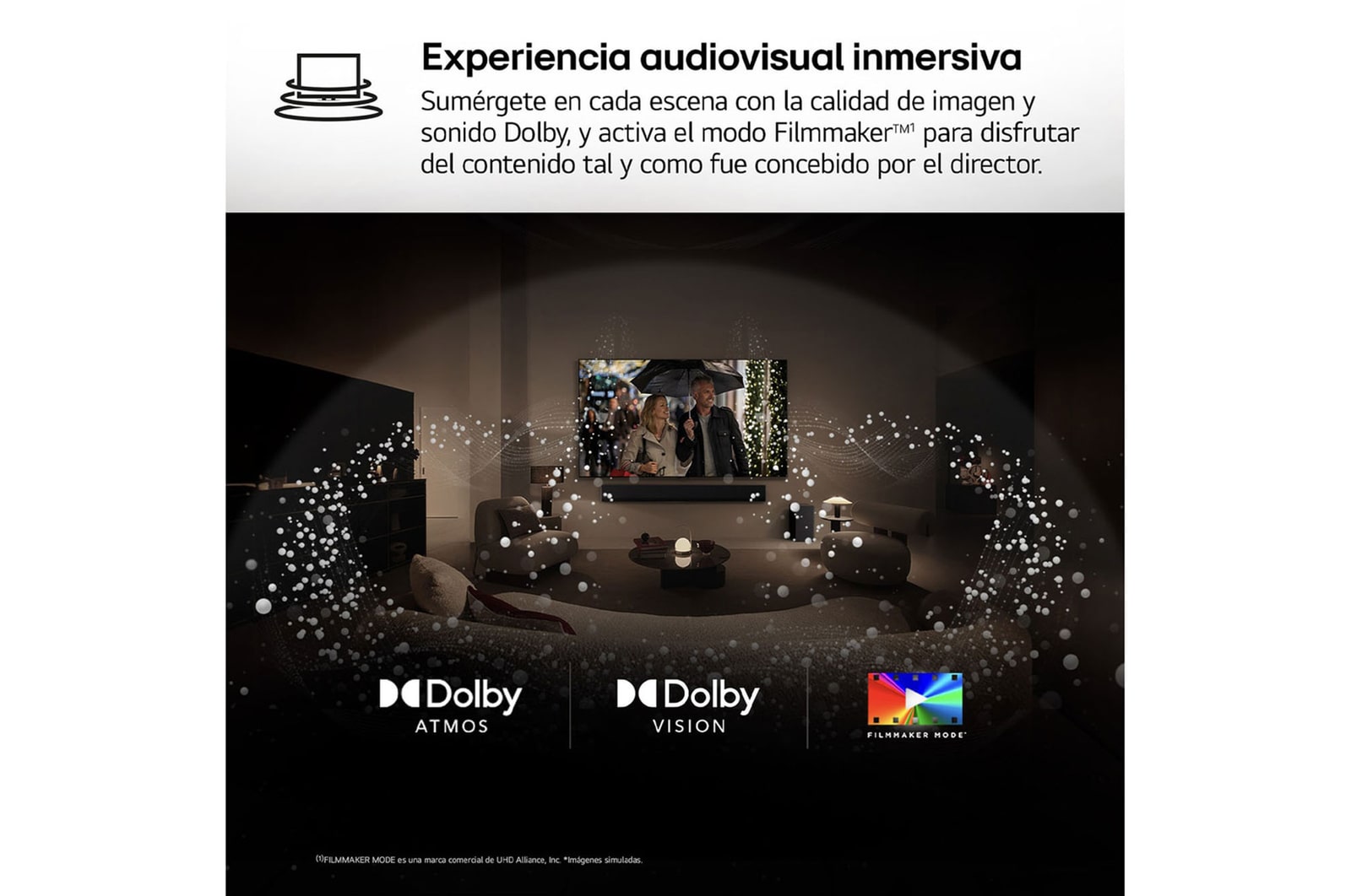 Vista amplia de un salón elegante y colorido. Hay un televisor LG OLED evo AI C5E 4K Smart TV montado en la pared con una LG Soundbar debajo. El diseño del televisor se integra perfectamente en el espacio. En la pantalla del televisor hay una obra de arte colorida. 