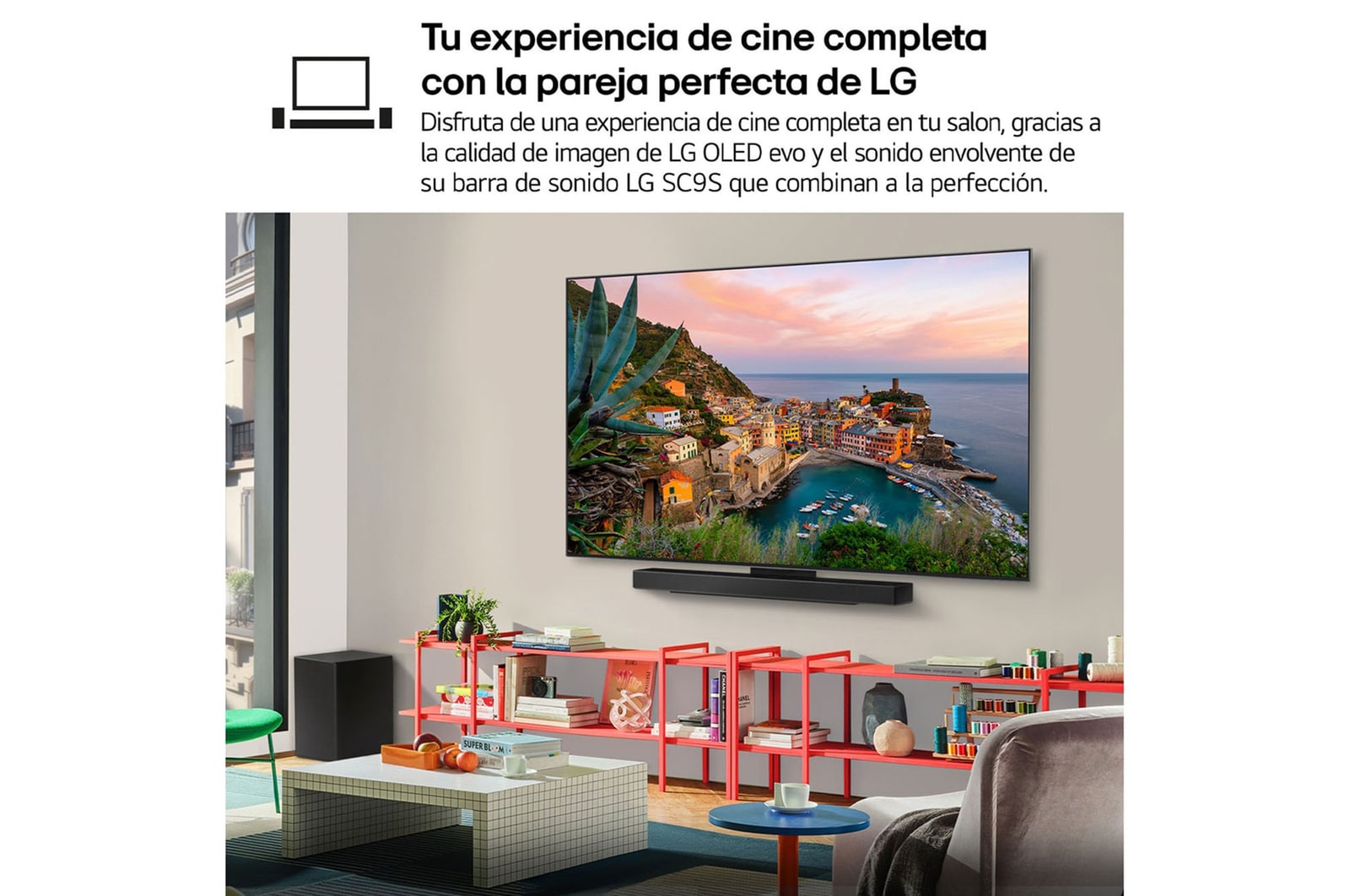 Wide view of a stylish and colorful living room. LG OLED evo AI C5E 4K Smart TV is mounted on the wall with an LG Soundbar underneath it. The TV's design blends well with the space. On the TV screen is a colorful artwork. 