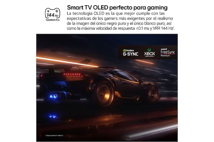 Vista amplia de un salón elegante y colorido. Hay un televisor LG OLED evo AI C5E 4K Smart TV montado en la pared con una LG Soundbar debajo. El diseño del televisor se integra perfectamente en el espacio. En la pantalla del televisor hay una obra de arte colorida. 