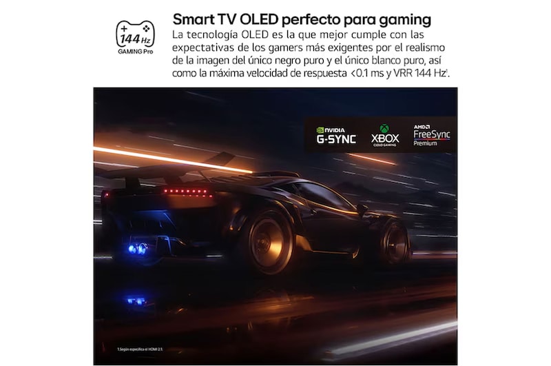 Vista amplia de un salón elegante y colorido. Hay un televisor LG OLED evo AI C5E 4K Smart TV montado en la pared con una LG Soundbar debajo. El diseño del televisor se integra perfectamente en el espacio. En la pantalla del televisor hay una obra de arte colorida. 