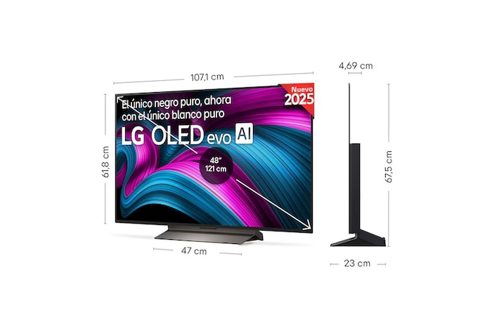 Vista en ligero ángulo del televisor LG OLED evo AI C5E 4K Smart TV.