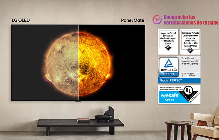 La LG OLED TV muestra una comparación visual entre una pantalla con Color perfecto y Negro perfecto, y otra sin estas tecnologías. Las certificaciones de UL y eyesafe son visibles con un texto que invita a verificar las marcas.