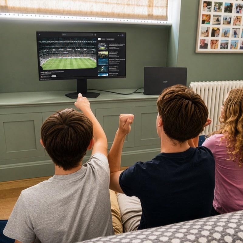 Tres hermanos viendo juntos un partido de fútbol en un monitor LG UltraGear.