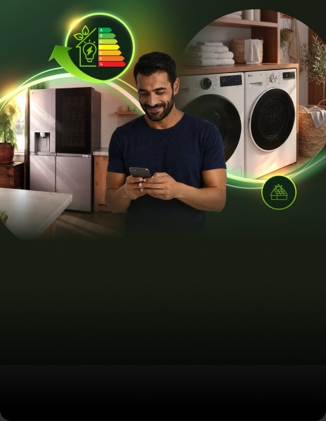 Hombre usando un smartphone en una lavandería moderna con lavadora, secadora y frigorífico LG, rodeado de gráficos brillantes de eficiencia energética.