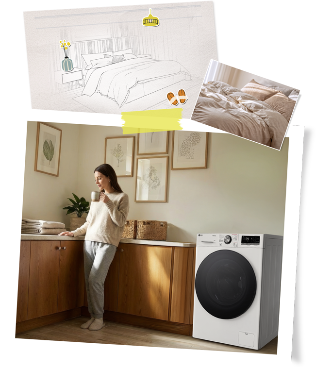 Mujer renovando la ropa de cama usando una lavadora LG como parte de una rutina tranquila de fin de semana.