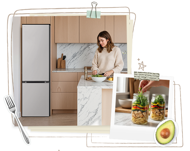 Imagen estilo Polaroid de una persona organizando la compra en un frigorífico dentro de una cocina con tonos de madera, con recipientes de meal prep y pegatinas para el refrigerador	