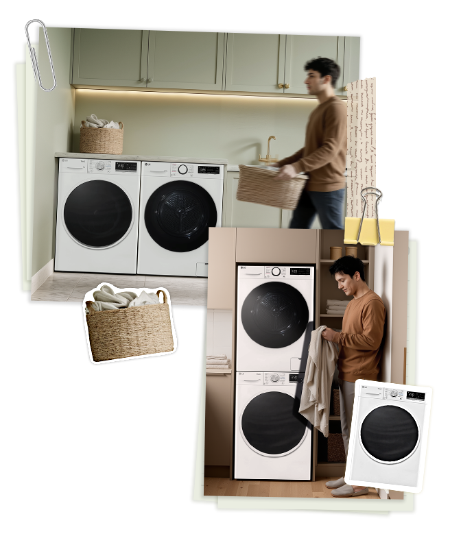 Imagen tipo collage de un hombre preparando la colada en un espacio pequeño, con lavadoras y secadoras instaladas tanto en vertical como una junto a la otra.	