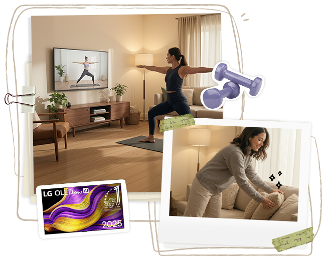 Imagen tipo collage que muestra a una mujer haciendo ejercicio sobre una esterilla de yoga, un televisor con un vídeo de entrenamiento y pegatinas de equipamiento deportivo