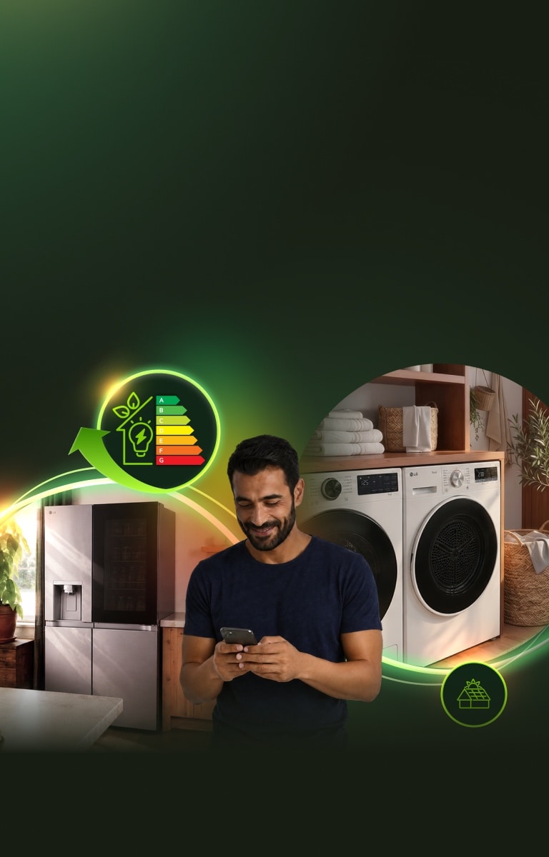 Un hombre con un smartphone frente a electrodomésticos LG y gráficos sobre eficiencia energética.