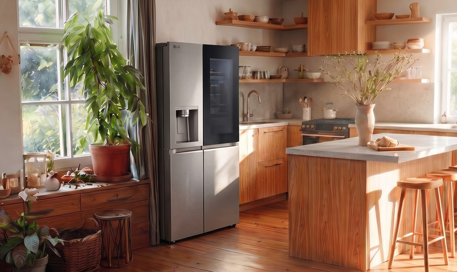 Un elegante frigorífico negro LG instalado en una cocina moderna y cálida con armarios de madera y luz solar natural.
