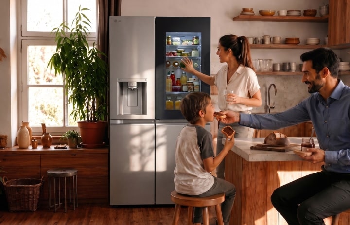 Una familia en una cocina moderna y cálida, con una mujer sacando artículos de un frigorífico negro LG mientras un hombre alimenta a un niño pequeño en la isla de cocina.