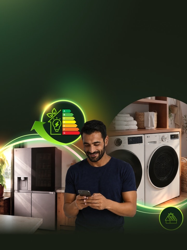 Un hombre con un smartphone frente a electrodomésticos LG y gráficos sobre eficiencia energética.