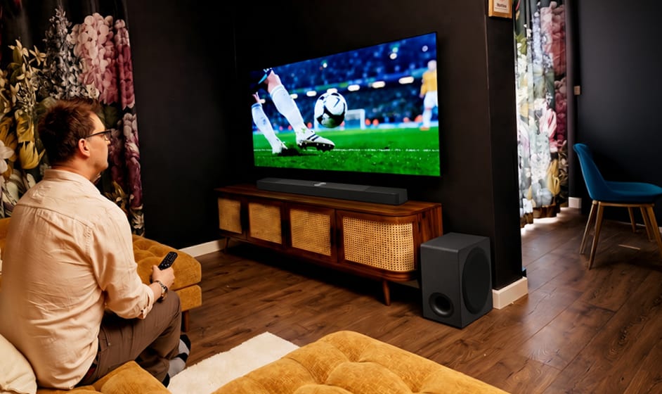 Un hombre está sentado en un sofá en un salón luminoso, sosteniendo un mando a distancia mientras ve un partido de fútbol en un televisor montado en la pared.