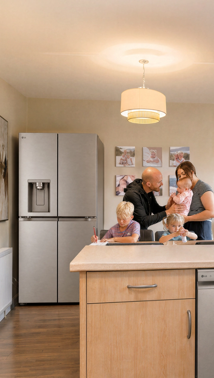 Una familia con tres niños pasa tiempo juntos en una cocina cálida y moderna.
